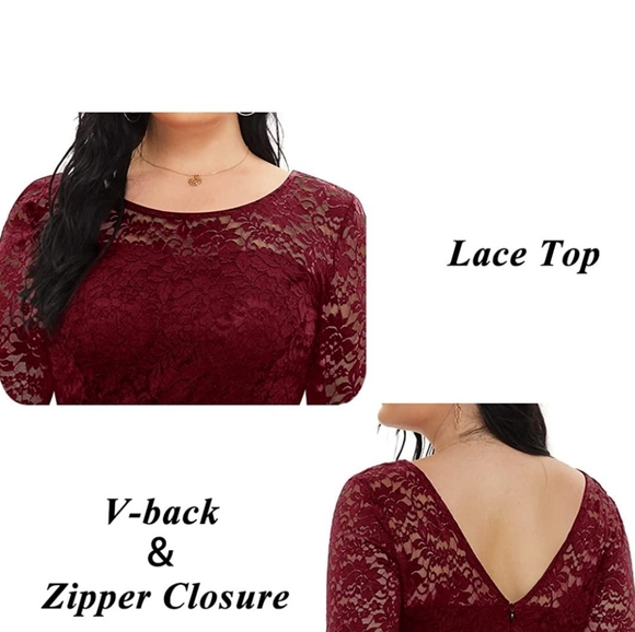 Women's Plus Size Lace Chffon Long Maxi 3/4 Sleeve V-Back Formal Dress - Picture 5 of 7